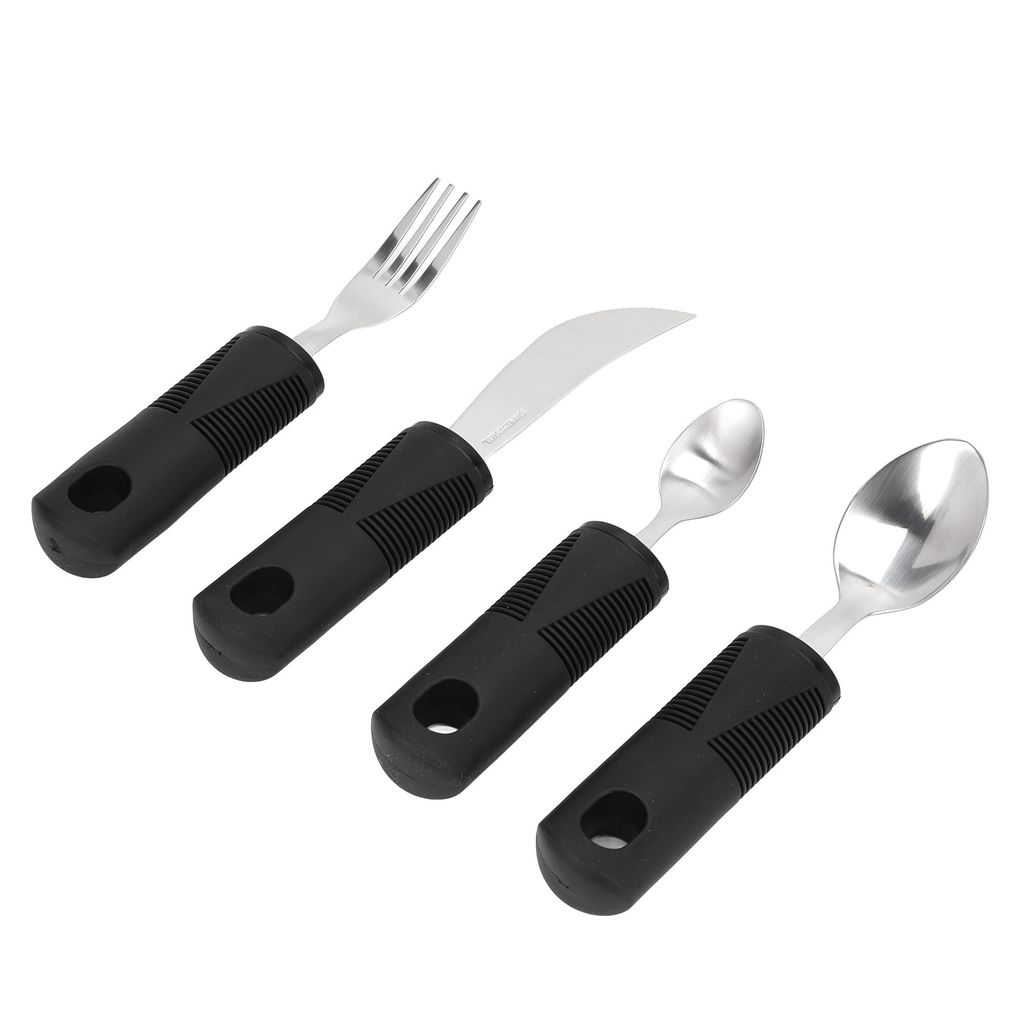 4Pcs Parkinsons Utensils Rubber Nonslip Handle Stainless Steel Spoon Fork Knife Adaptive Utensils for Arthritis Elderly
