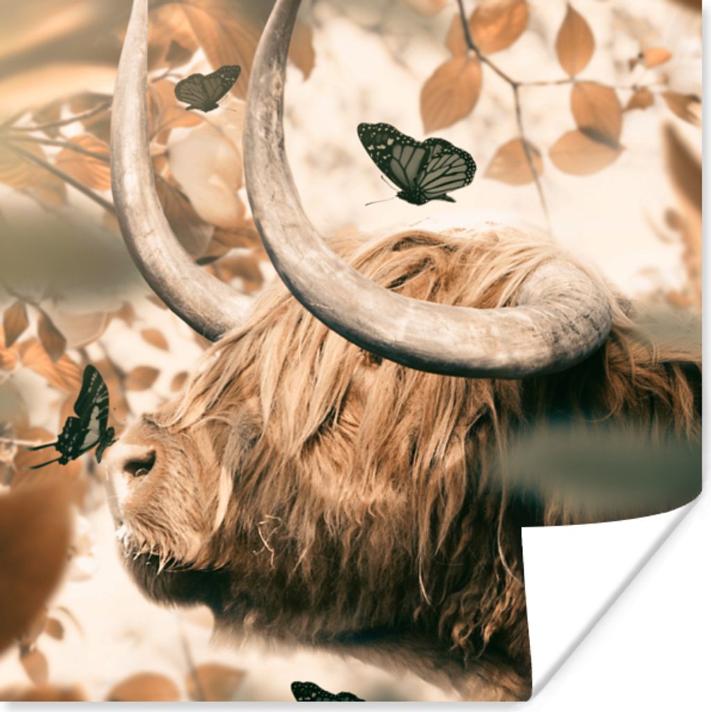 MuchoWow Poster Schottischer Hochländer - Schmetterling - Blätter 30x30 cm - Wandposter - Printing