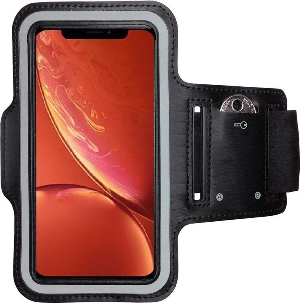 A black sport armband with a smartphone inside, showing a coin in a small pocket.