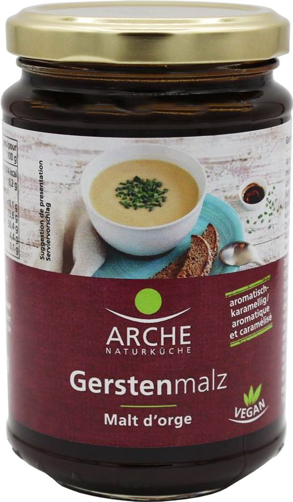 A jar of malt syrup with a label showing a bowl of soup.