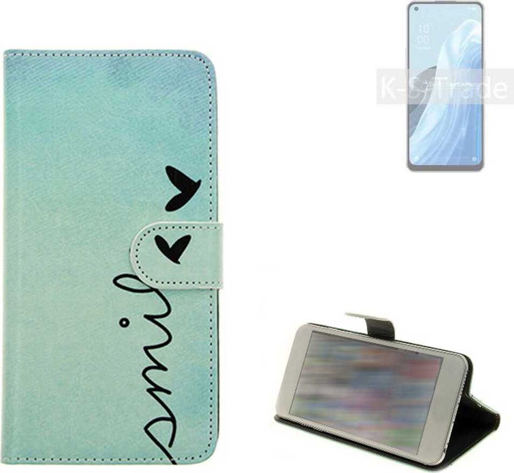 K-S-Trade Schutz Hülle Handy Hülle kompatibel mit Oppo Reno7 A 5G Hülle Handyhülle cover bookstyle Etui Handyhülle ''smile'' türkis