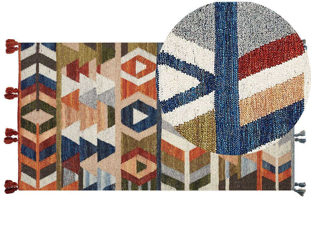 BELIANI Kelim-Teppich Mehrfarbig Wolle und Baumwolle 80 x 150 cm Läufer mit Quasten Geometrischem Muster Handgewebt Boho Fußbodenheizung Geeignet