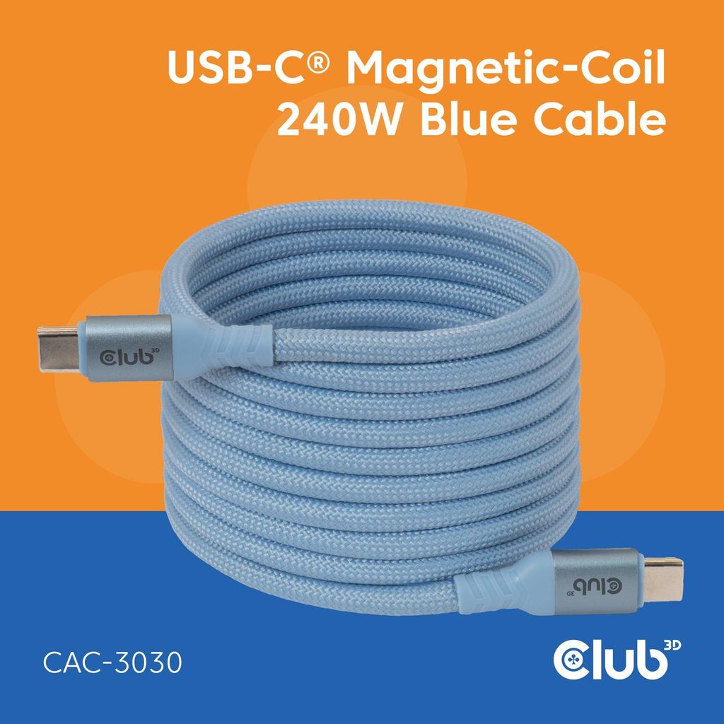 Club3d CLUB3D USB-C Magnetic-Coil 240W PD3.1 Blue Cable 2m / 6.56ft Schnellladung