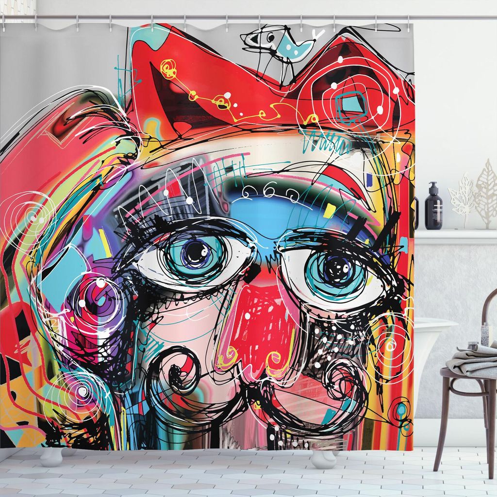 ABAKUHAUS Kunst Duschvorhang, Grafitti mögen flüchtige Art-bunte Malerei mit menschlichem wie Gesichts-Hund Animal Image, 175 x 180 cm, Mehrfarbig