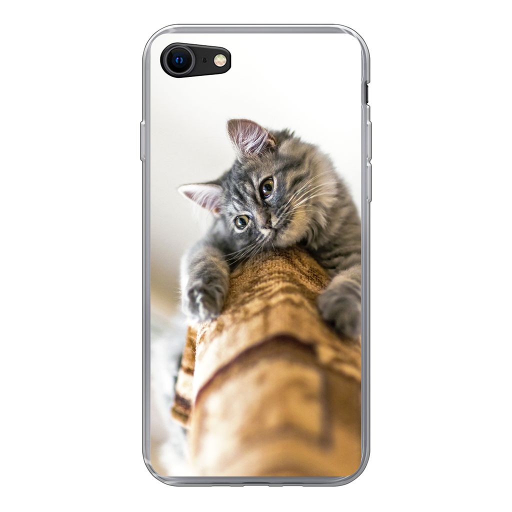 MuchoWow Handyhülle Schutzhülle Hülle für iPhone 7 Katze - Kratzbaum - Grau Silikon Softcase Handy Hülle - Kartenhalter