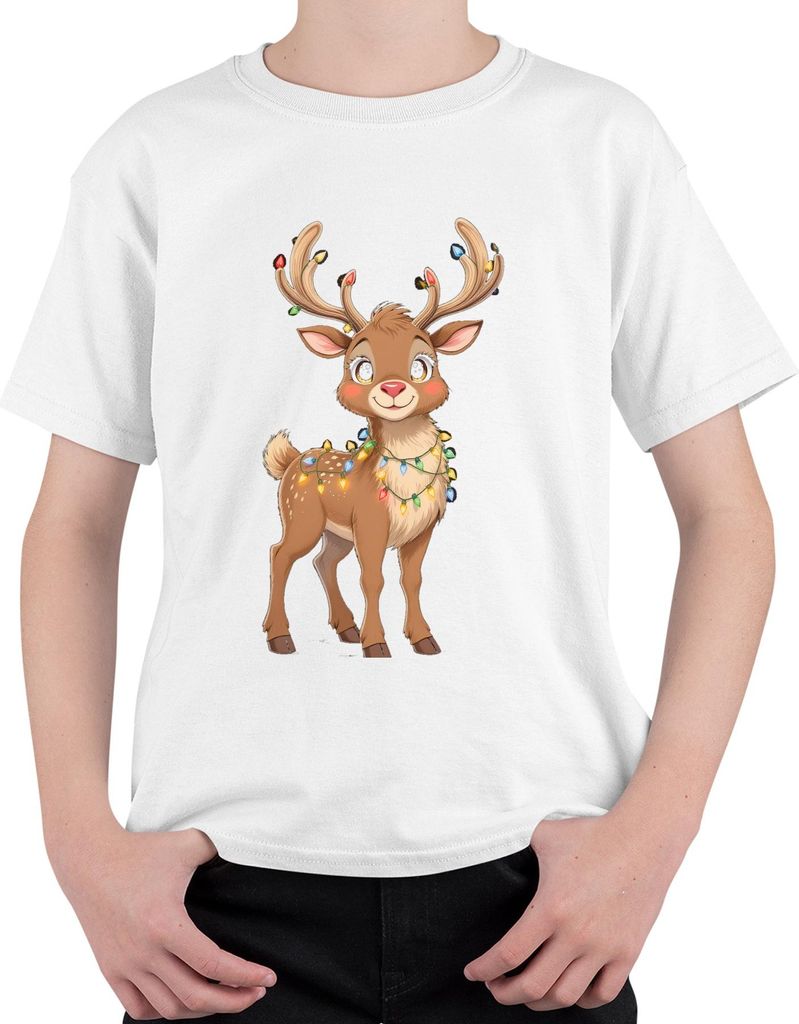Weihnachtsrentier Lichterkette niedlich Cartoon Kinder Geschenk Uni Kinder T-Shirt, Weiß, 116