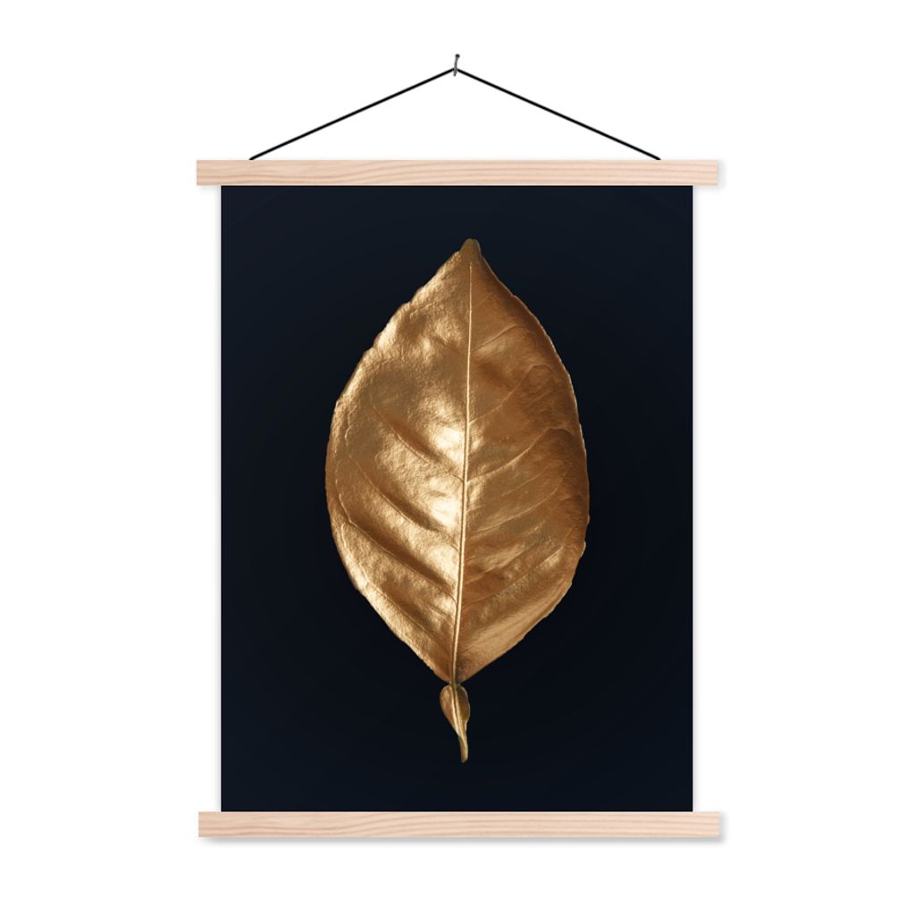 MuchoWow Textilposter Blätter - Chic - Gold - Pflanzen - Schwarz 60x80 cm mit holzfarbenen Rahmen - Wandbild