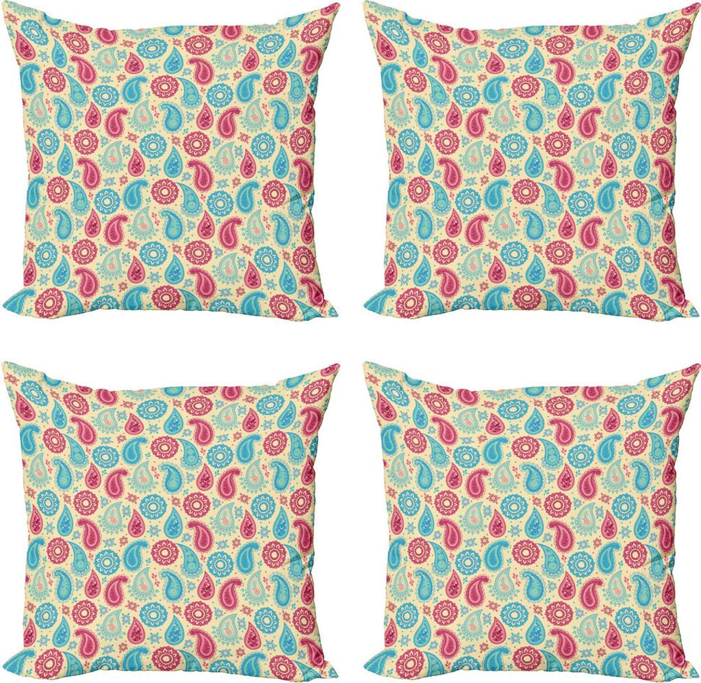 ABAKUHAUS Paisley Kissenbezug Set (4 Stück), Blumen-Entwurf, Moderner Doppelseitiger Digitaldruck, 50 cm x 50 cm, Turquoise Pink Cream