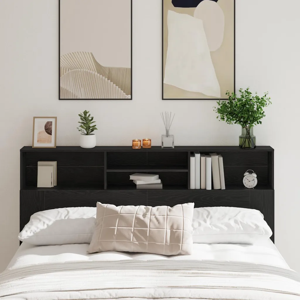 Tête de lit 180 cm noire chêne avec compartiments de rangement intégrés