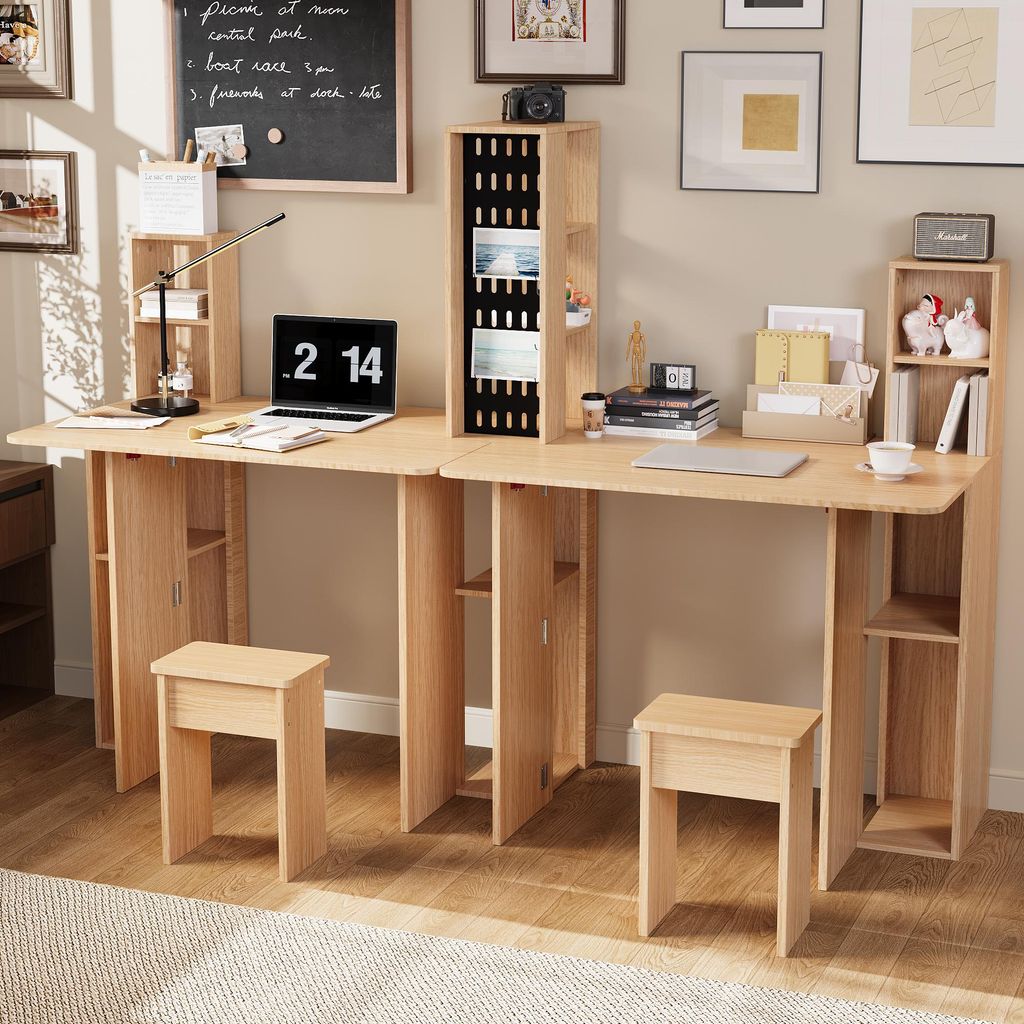 Klapptisch Doppel-Falttisch mit Stauraum, Klappbarer Tisch für 2 Personen, mit Lochplatte und 2 Stühlen, Beige, MDF, 180 × 130 × 60,3 cm