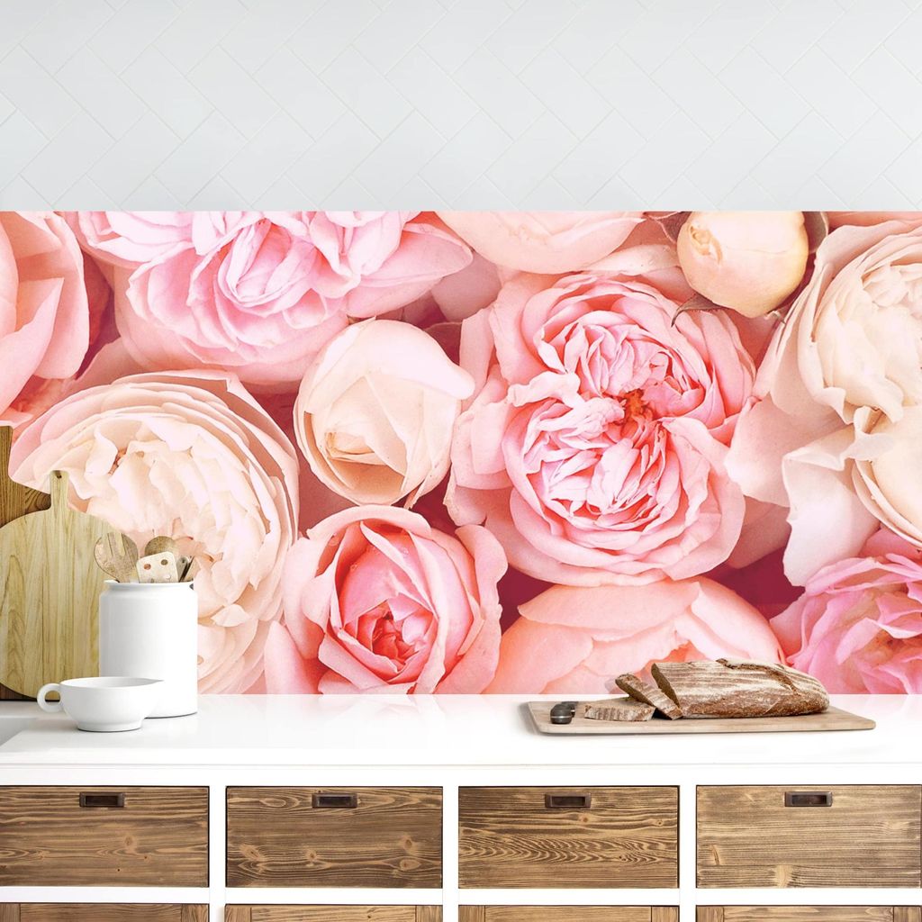 Küchenrückwand Blumen selbstklebend - 0.65 mm Wandpaneel wasserfest Rose pastell Landhaus Spritzschutz fugenlos