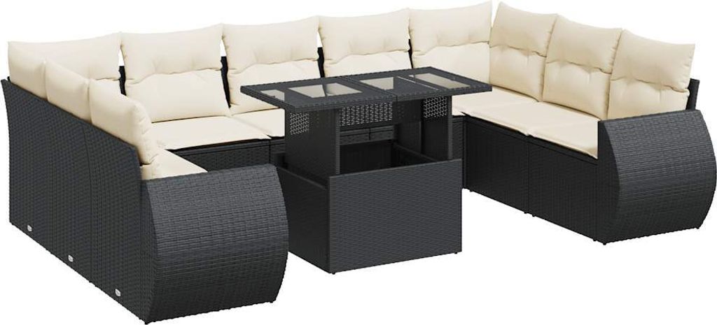 10-tlg. Garten-Sofagarnitur mit Kissen Schwarz Poly Rattan