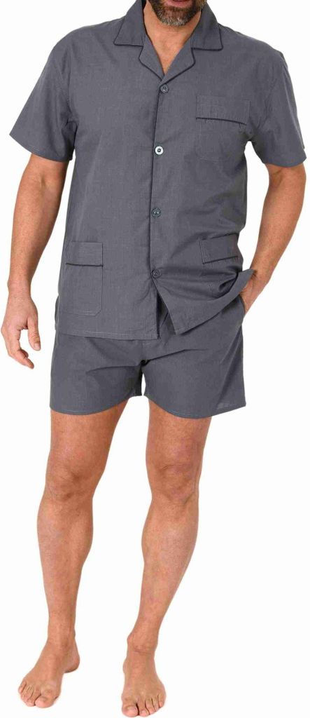 Herren kurzarm Schlafanzug Shorty Pyjama gewebt zum Knöpfen in eleganter Optik ; grau , 54