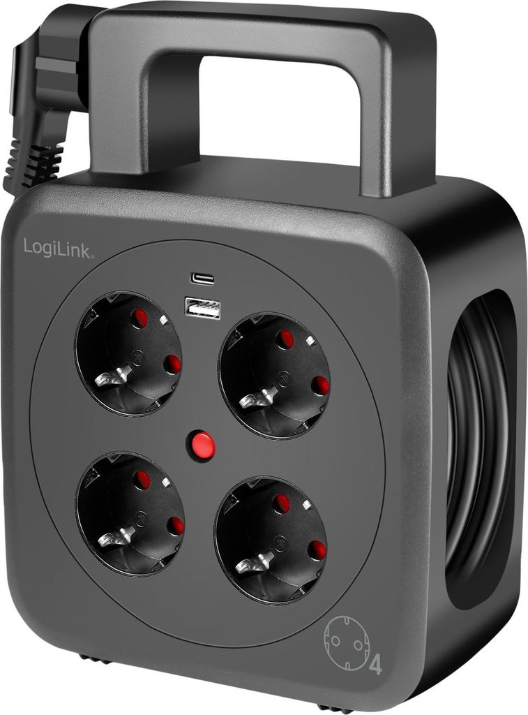 A black LogiLink power strip with four sockets and two USB ports, shown from the front.