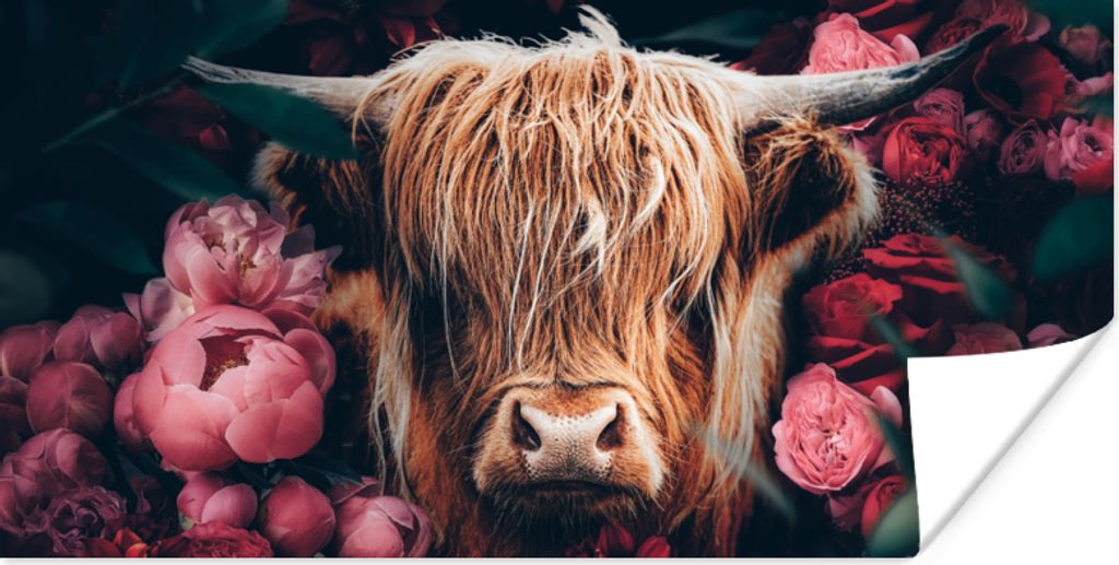 MuchoWow Poster Kuh - Schottischer Highlander - Blumen - Botanisch 120x60 cm - Bild