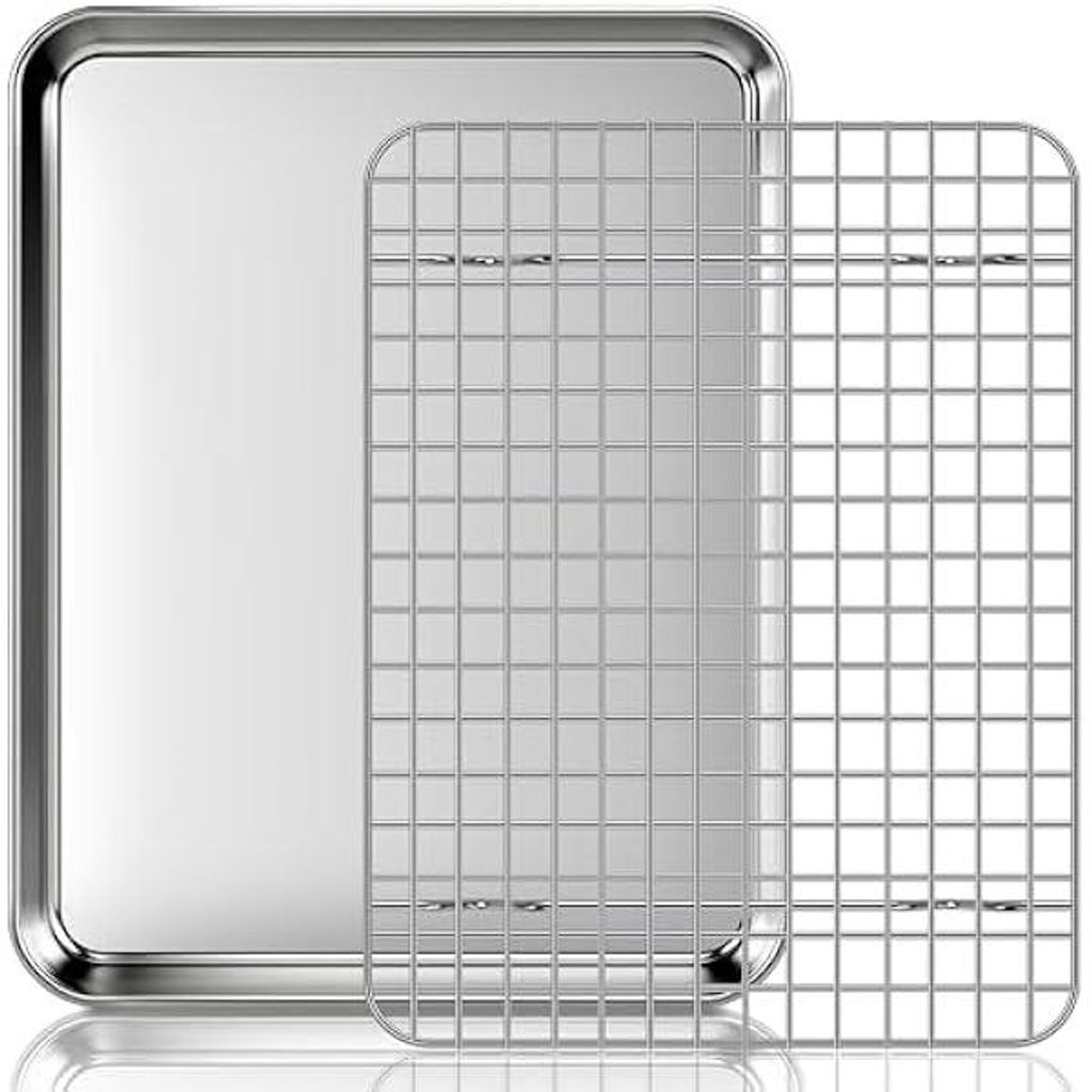 Backblech mit Abkühlgitter, Edelstahl Backrahmen Rechteckig, 31,5 x 24,5 x 2,5cm, Kuchenplatte mit deckel, Spülmaschinenfest, für Backen Braten ...