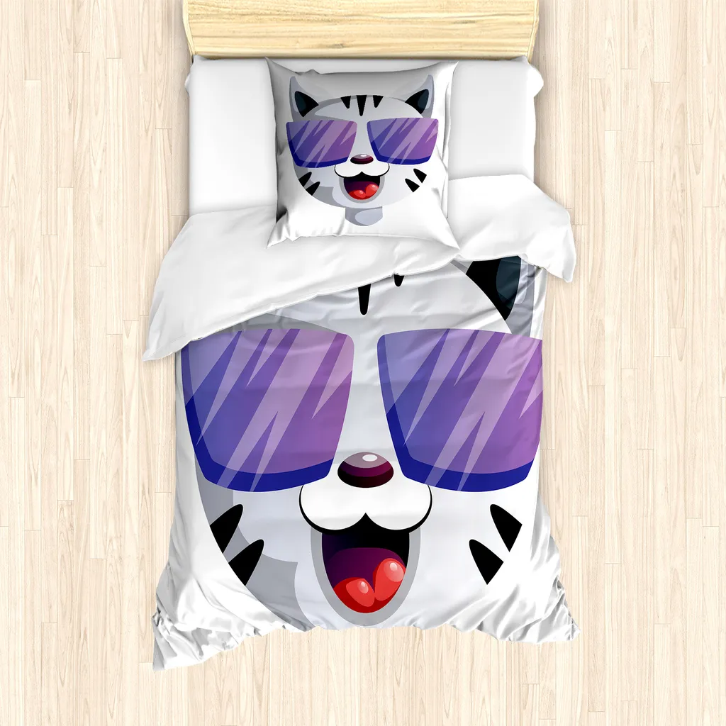 ABAKUHAUS Occhiali da sole Set copripiumino per letti singoli, Cartoon Kitten Portrait, antiacaro, adatto a chi soffre di allergie, con federa, 135 cm x 200 cm - 80 x 80 cm, bianco e multicolore