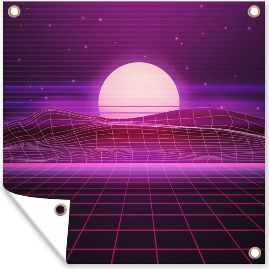MuchoWow 100x100 cm Outdoor-Poster Gartendeko Sichtschutz Garten Poster für den Garten Spiele - Neon - Retro - Lila - Sonne - Spiele