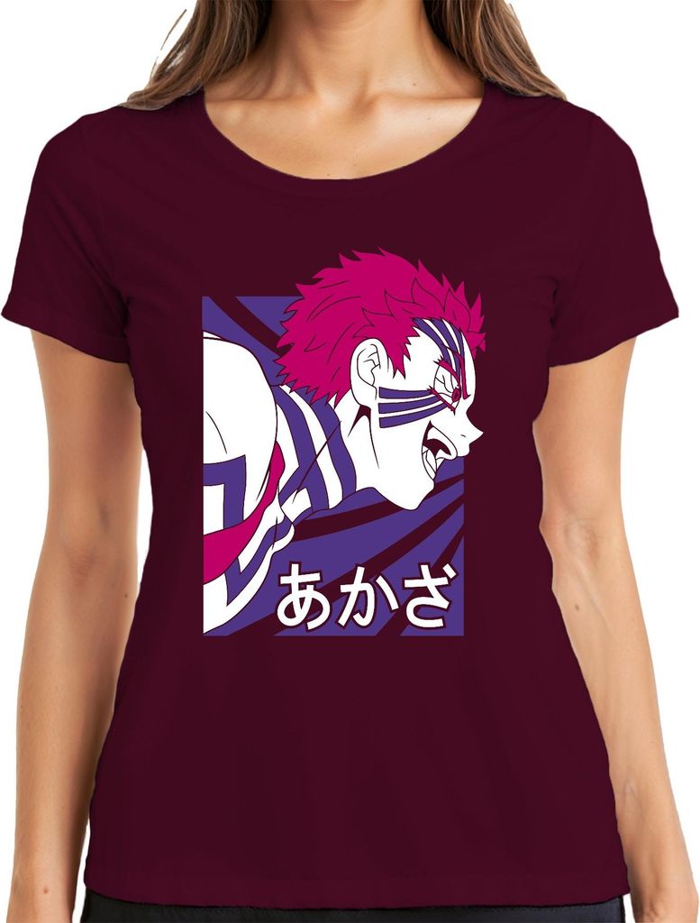 あかざ Dämon Anime Manga Gesicht Japan Fan Geschenk Japan Y2K Streetwear Damen T-Shirt, Burgundy, S