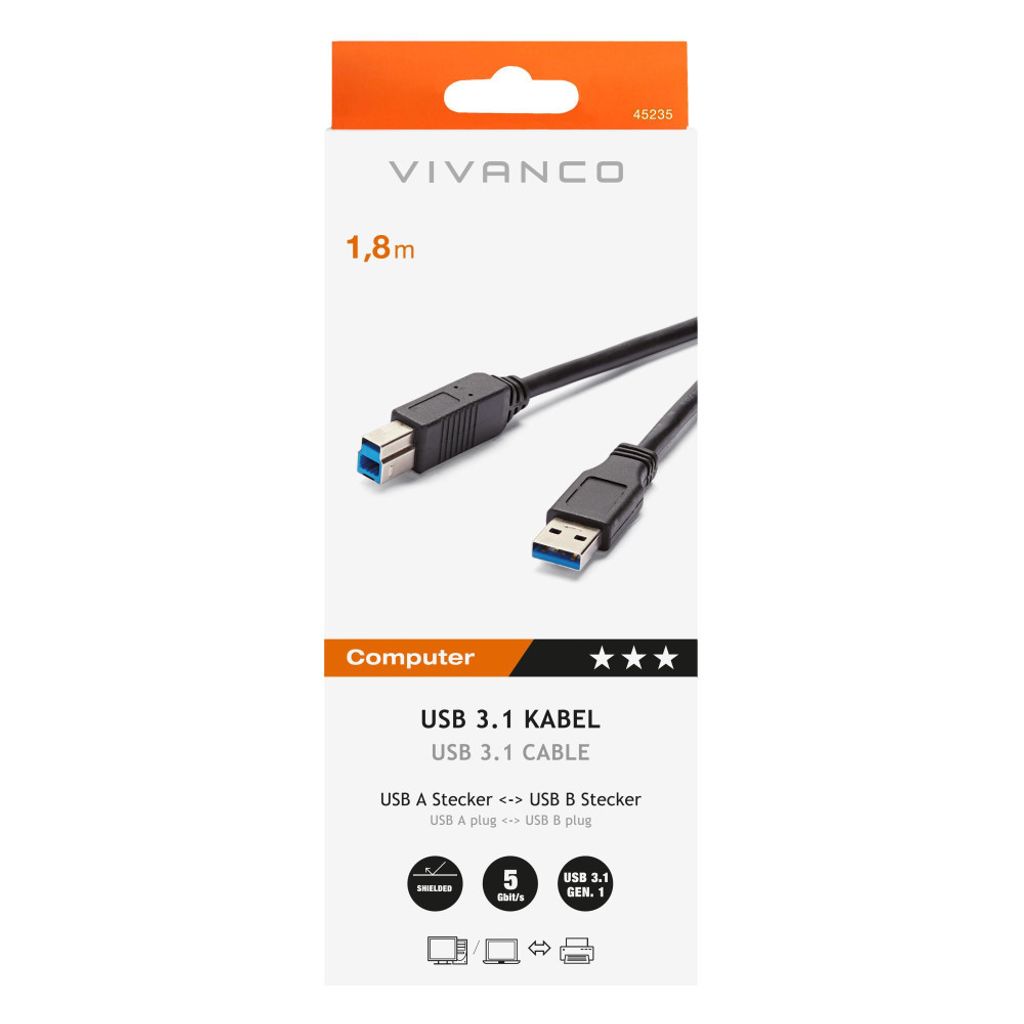 USB 3.1 Gen.1 Anschlusskabel, USB 3.1 Type A <-> USB 3.1 Type B, 1,8m