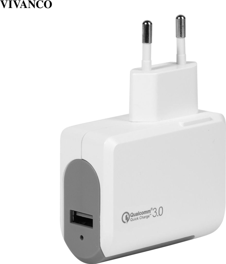 VIVanco Hochwertiger Schnell Ladeadapter USB 3.0, kompatibel mit Quick Charge, 3A, 100–240V, kompakt, weiß, 1 Port