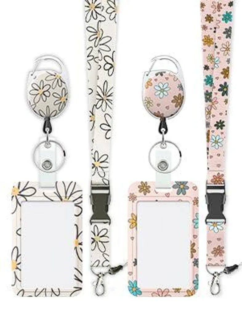 Porte-badge solide avec enrouleur et mousqueton motif fleurs printanières