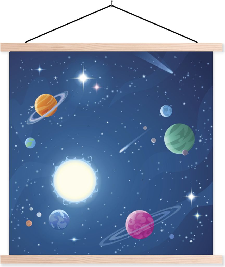 MuchoWow Textilposter Eine Illustration des mit Planeten gefüllten Weltraums 40x40 cm mit holzfarbenen Rahmen - Posterleiste