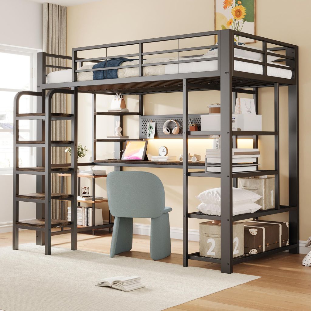 STILVORA Hochbett 90x200 cm mit Matratze Bettgestell mit Schreibtisch und CEE-Steckdose, Einzelbett mit mehrfarbiger LED-Beleuchtung und Ablagefäc...