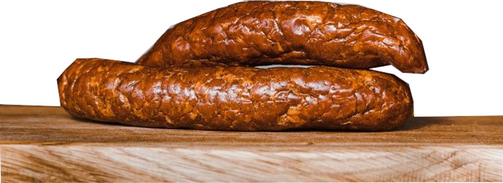 Two sausages are stacked on a wooden board against a white background.