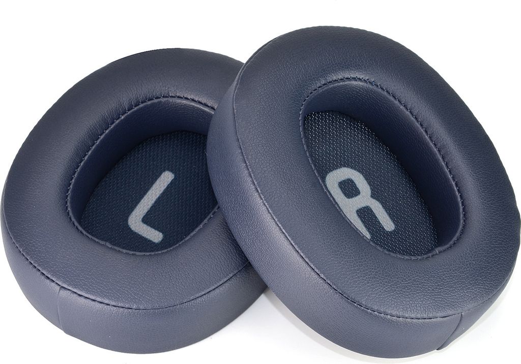 Two dark blue ear pads for headphones, labeled 'L' and 'R', are shown against a white background.