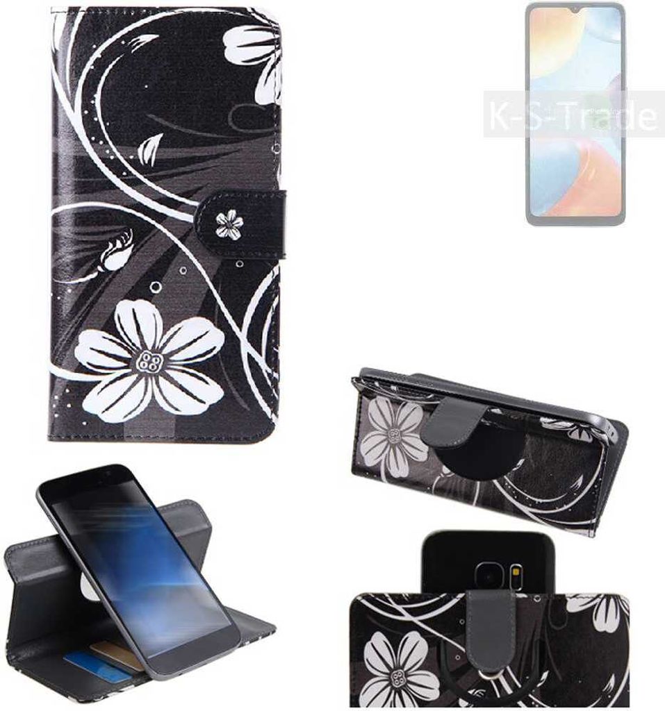 K-S-Trade Schutzhülle Handyhülle kompatibel mit Xiaomi Redmi 10C Hülle 360° Wallet Case ''Flowers'' Klapphülle Hülle schwarz-weiß 1x