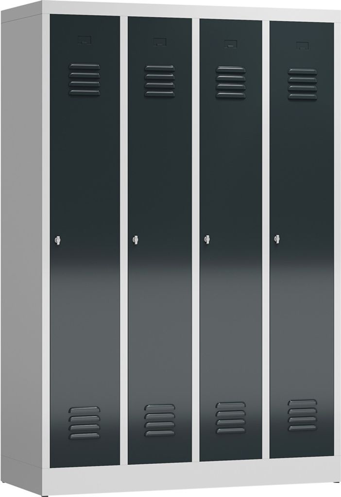 A four-door metal locker unit with a light gray frame and dark gray doors, presented in a studio setting.