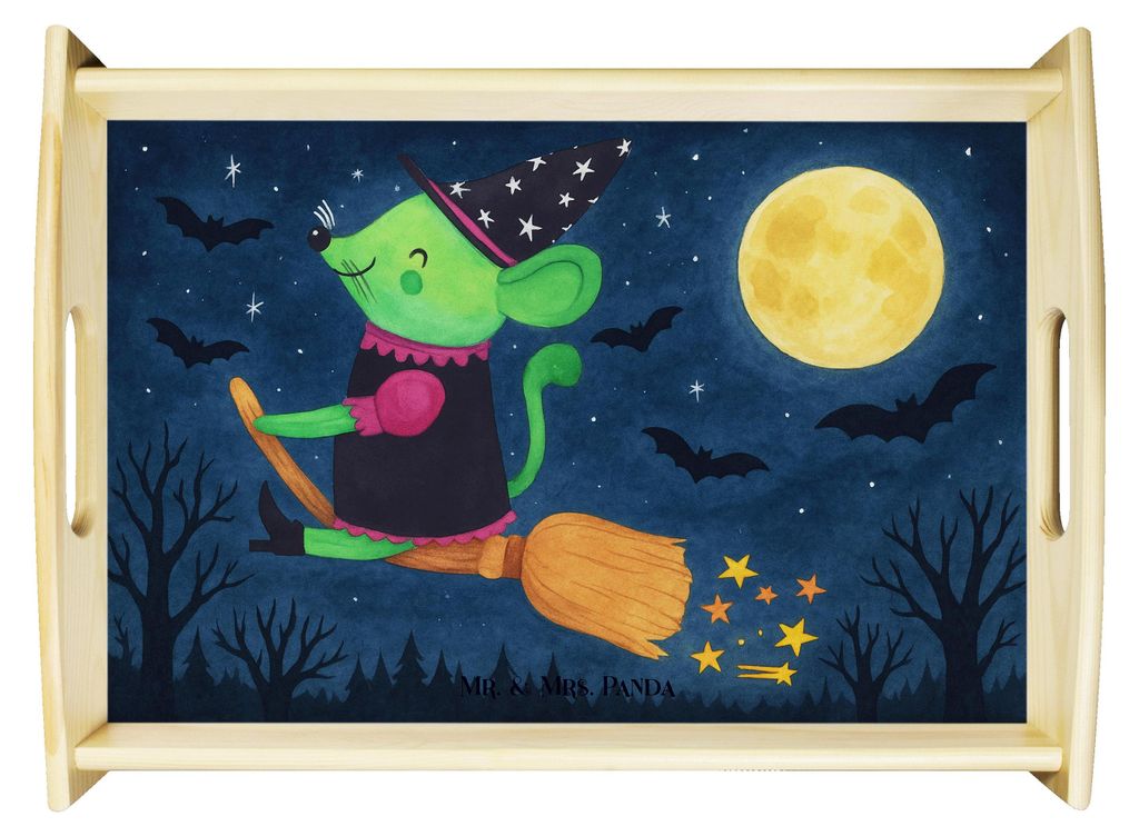 Mr. & Mrs. Panda Tablett Hexe Fliegt Design - Weiß - Geschenk, Sofa, aus holz, Servier, Dekoration, Serviertablett, Dekotablett