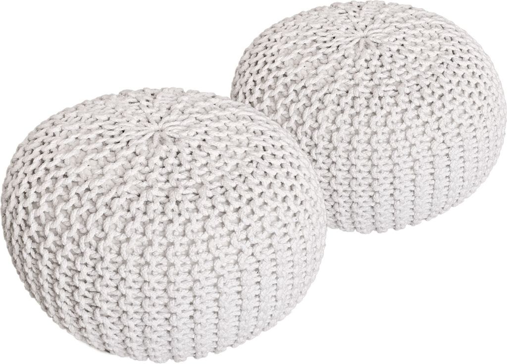 Strickhocker 2er Set Pouf Sitzpouf Sitzpuff Pouf Bodenkissen Ø 55cm weiß/weiß