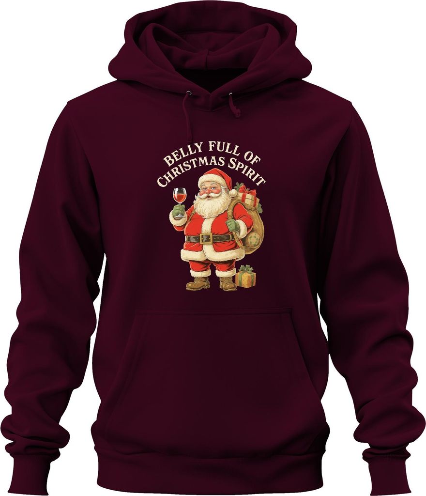 Belly Full Of Christmas Spirit Weihnachtsmann Santa Wein Lustig Uni Hoodie Kapuzenpullover, Burgundy, S