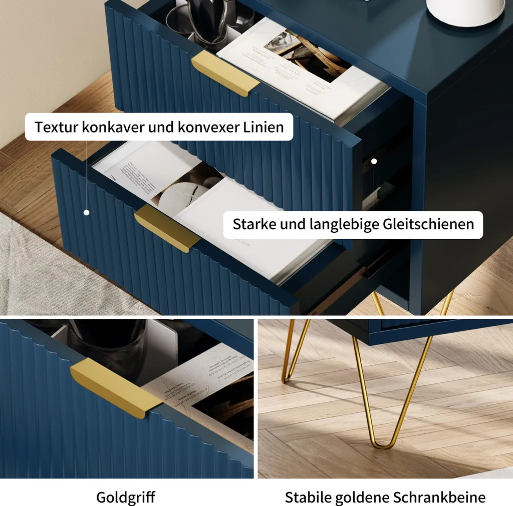 Comò Blu Navy 2 Cassetti Piedini Oro - Design Moderno Camera - 6