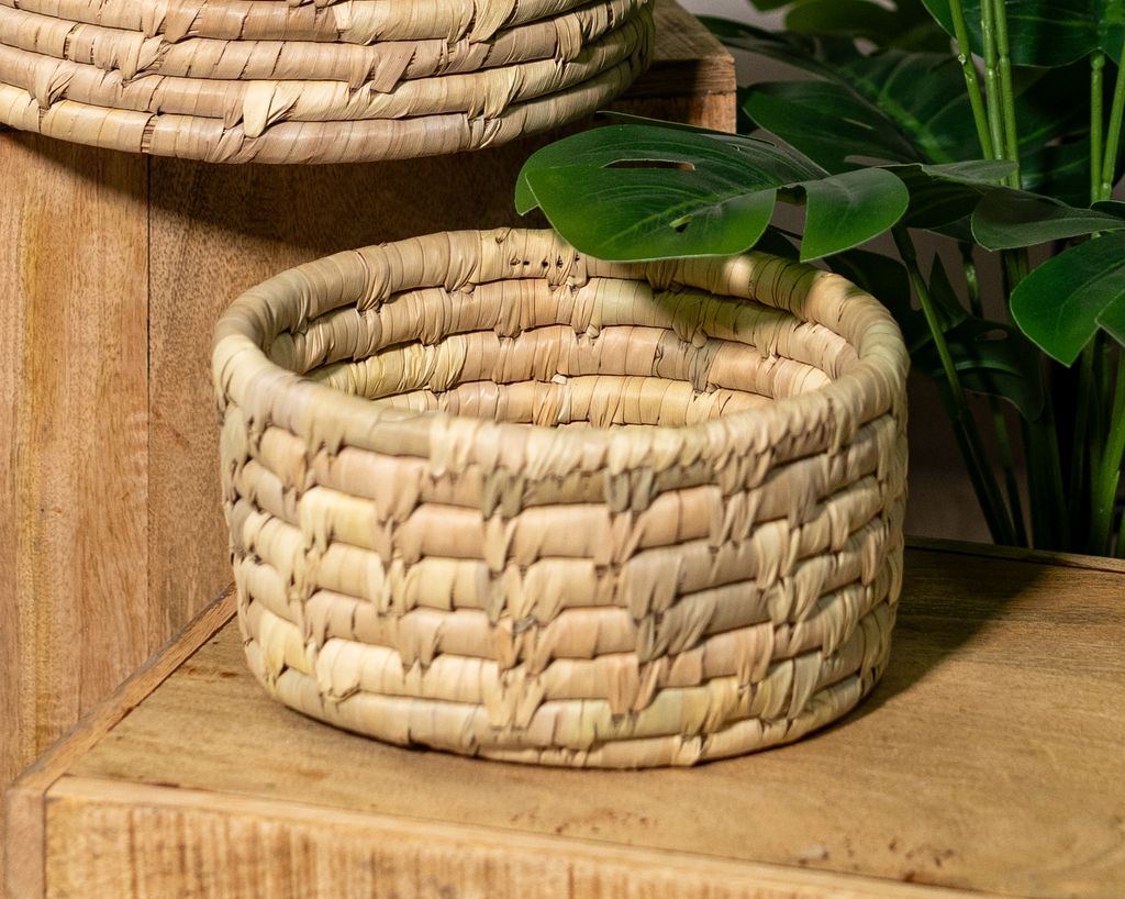 Rattan Korb Schale Ø 21 x 11cm rund mit Einsatz Blumentopf geflochten Aufbewahrungskorb Übertopf Blumenkorb