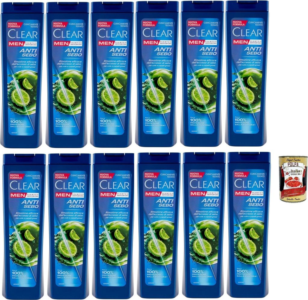 Clear ANTI SEBO Men Shampoo für Haare und Fettige Kopfhaut - Anti-Talg-Shampoo 12x 225ml + Italian Gourmet polpa 400g