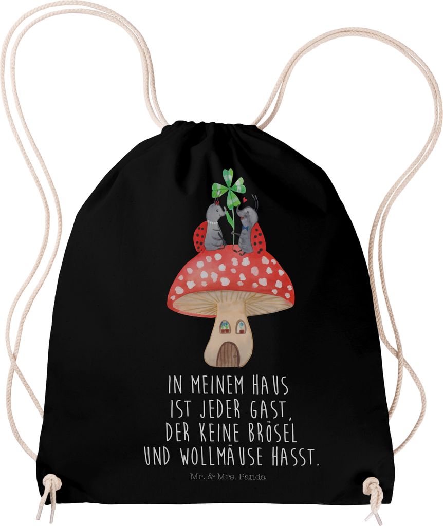 Mr. & Mrs. Panda Turnbeutel Marienkäfer Fliegenpilz - Schwarz - Geschenk, Jutebeutel, gymnastiktasche, Haus, gym tasche, Zuhause, Wohnung, Fleigen...