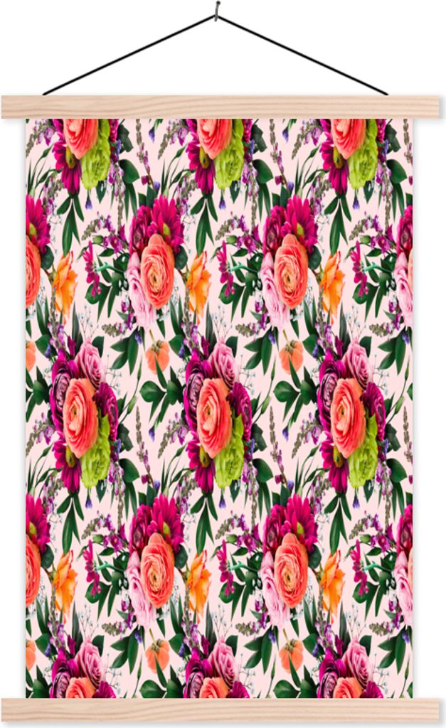MuchoWow Textilposter Blumen - Muster - Farben 120x180 cm mit holzfarbenen Rahmen - Textil-Plakat