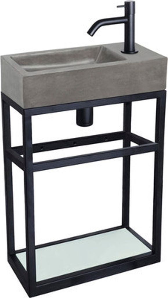 Differnz Waschtisch-Set HURA L 40 x 22 cm Waschbecken Beton mit Gestell, Kaltwasserhahn und Siphon in schwarz matt hoch