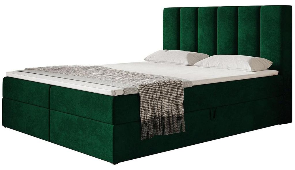 Boxspringbett Tokio 140x200, Bett mit Stauraum und Bonell-Matratze, Dunkelgrün
