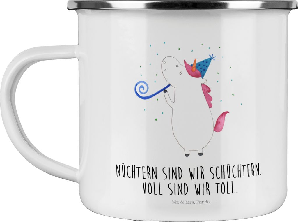 Mr. & Mrs. Panda Teetasse Einhorn Party - Weiß - Geschenk, Teebecher, Fest, Campingbecher, Geburtstag, Unicorn, Pott, Kaffeepott, Emaille Tasse, D...