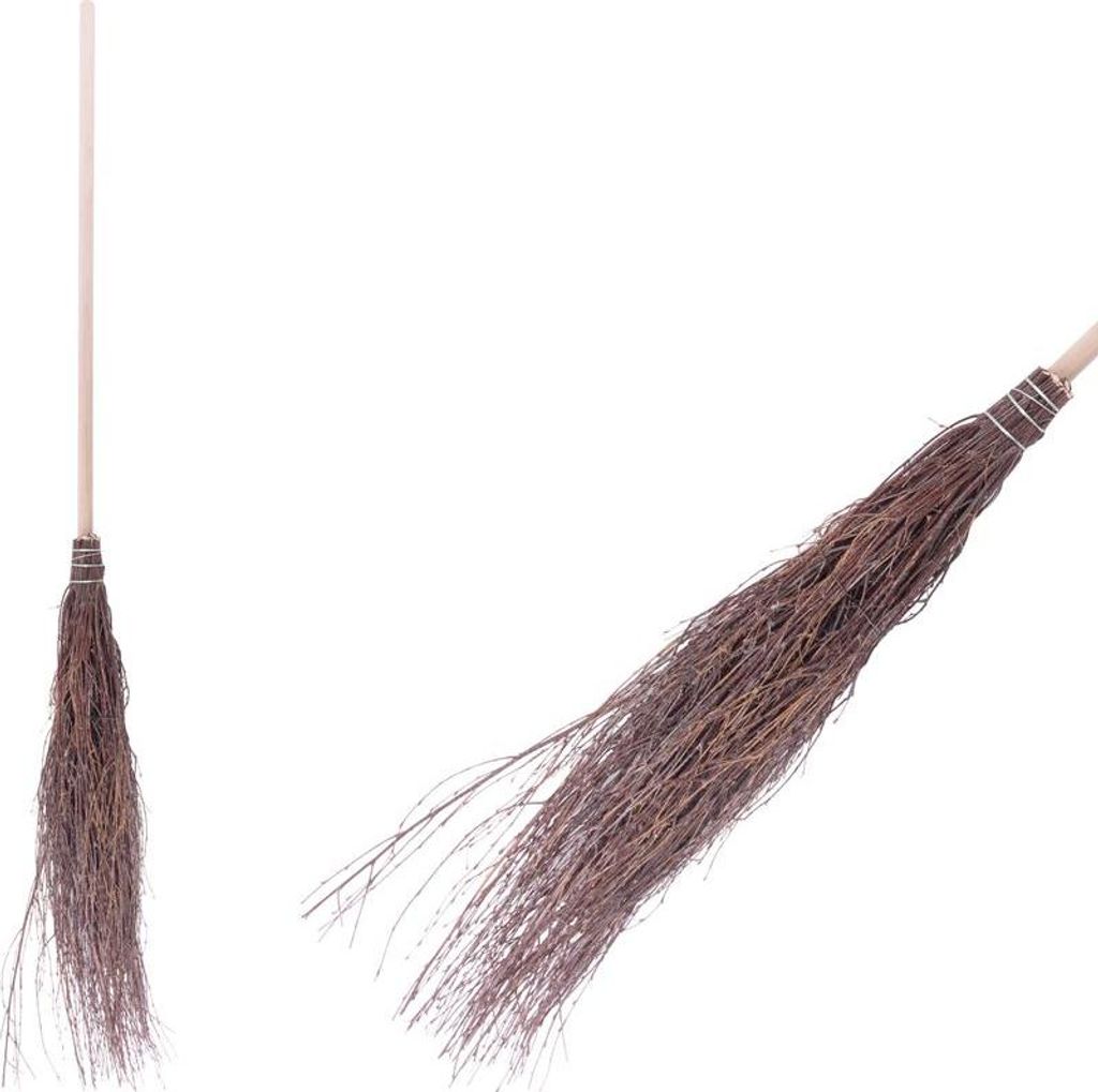 Two views of a broomstick with a natural bristle head, presented against a white background.