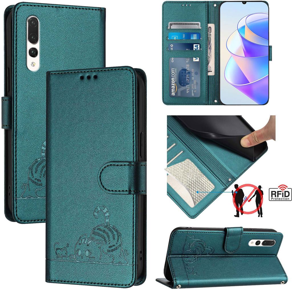 Leder Hülle für Huawei P20 Pro Süße Katze Flip Case Brieftasche Schutzhülle mit Standfunktion Grün