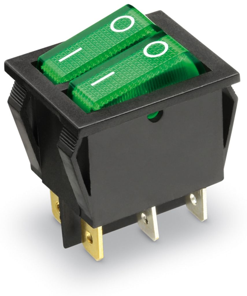 Doppelter Wippschalter, beleuchtet grün, 1-Polig