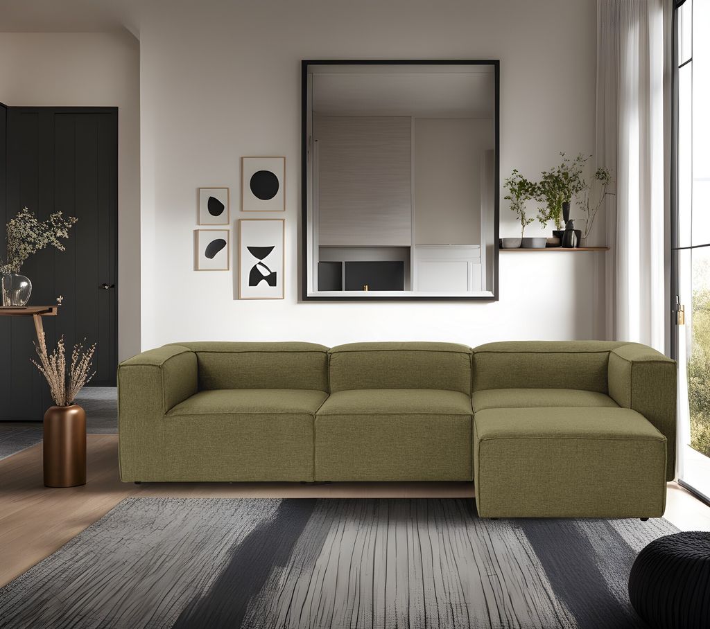 Hanah Home, Fora - Green, Ecksofa, 100 % Hainbuche, Grün, 296 x 185 x 66 cm