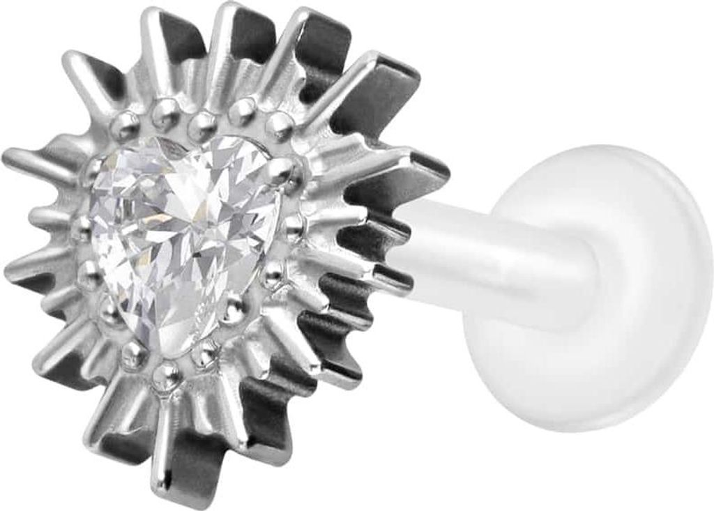 Ohrpiercing, Nasenpiercing PTFE Labret mit Innengewinde + Titan-Aufsatz KRISTALLHERZ + SONNENSTRAHLEN Silber Stablänge: 7mm | Stabstärke: 1,6mm