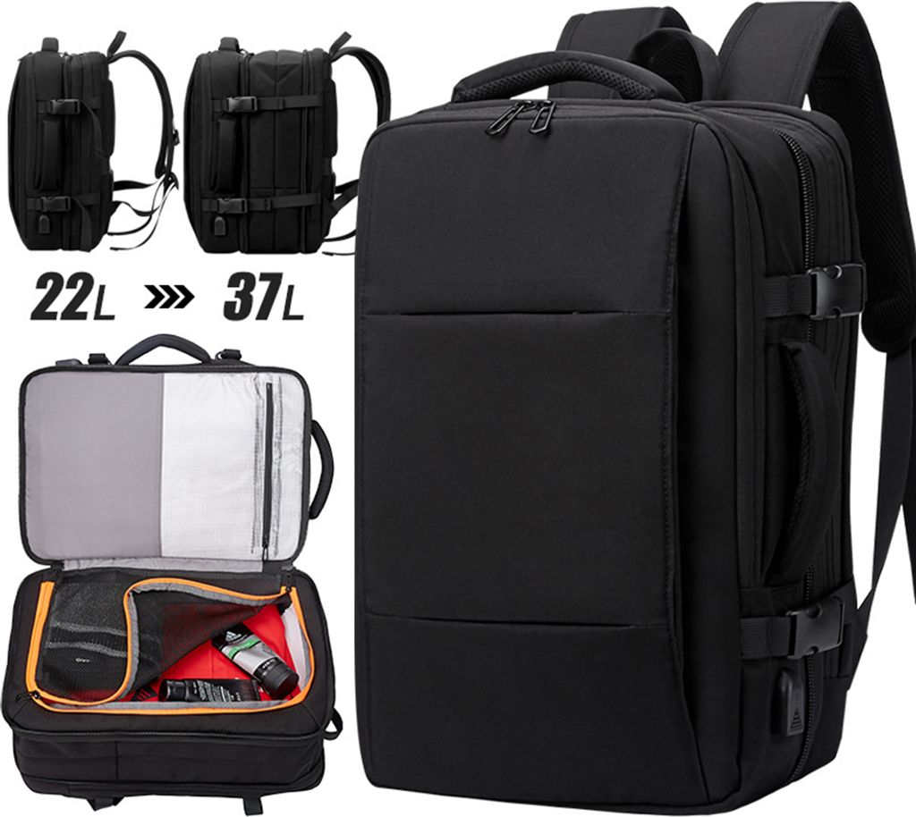 Erweiterbarer Handgepaeck-Rucksack mit USB-Ladeanschluss. Reise-Weekender-Rucksack fuer 15,6-Zoll-Laptops fuer Maenner und Frauen
