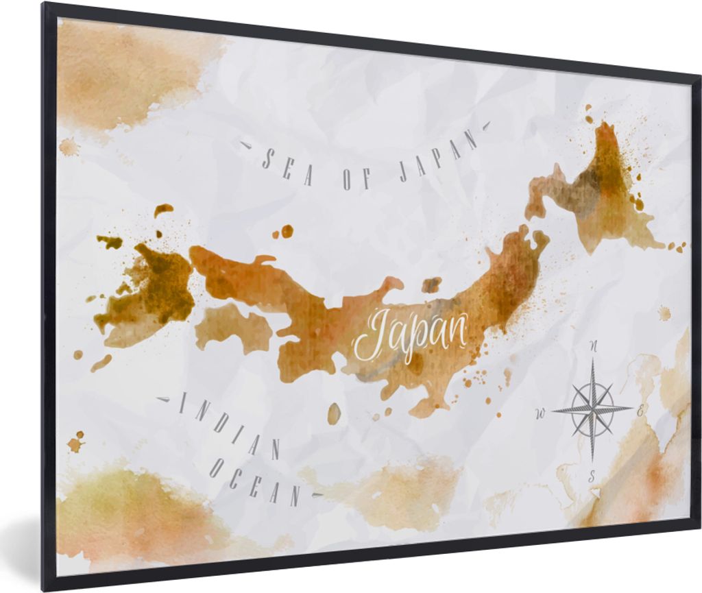 MuchoWow MuchoWow Gerahmtes Poster Karte - Aquarell - Japan 60x40 cm - Poster mit zchwarzem Bilderrahmen - Printing - Wanddeko Schlafzimmer